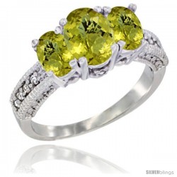 14k White Gold Ladies Oval Natural Lemon Quartz 3-Stone Ring Diamond Accent