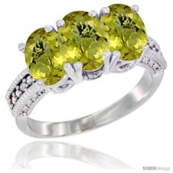 14K White Gold Natural Lemon Quartz Ring 3-Stone 7x5 mm Oval Diamond Accent