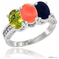 14K White Gold Natural Lemon Quartz, Coral Ring with Lapis Ring 3-Stone 7x5 mm Oval Diamond Accent