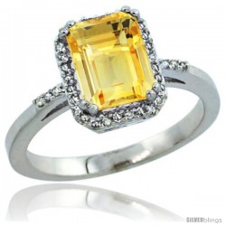 Sterling Silver Diamond Natural Citrine Ring 1.6 ct Emerald Shape 8x6 mm, 1/2 in wide -Style Cwg09129