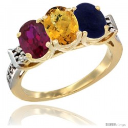 10K Yellow Gold Natural Ruby, Whisky Quartz & Lapis Ring 3-Stone Oval 7x5 mm Diamond Accent