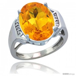 Sterling Silver Diamond Natural Citrine Ring 9.7 ct Large Oval Stone 16x12 mm, 5/8 in wide