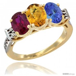 10K Yellow Gold Natural Ruby, Whisky Quartz & Tanzanite Ring 3-Stone Oval 7x5 mm Diamond Accent