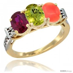 10K Yellow Gold Natural Ruby, Lemon Quartz & Coral Ring 3-Stone Oval 7x5 mm Diamond Accent