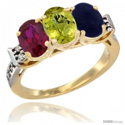 10K Yellow Gold Natural Ruby, Lemon Quartz & Lapis Ring 3-Stone Oval 7x5 mm Diamond Accent