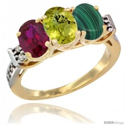 10K Yellow Gold Natural Ruby, Lemon Quartz & Malachite Ring 3-Stone Oval 7x5 mm Diamond Accent