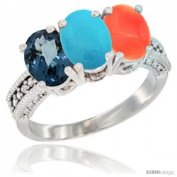 10K White Gold Natural London Blue Topaz, Turquoise & Coral Ring 3-Stone Oval 7x5 mm Diamond Accent