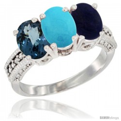 10K White Gold Natural London Blue Topaz, Turquoise & Lapis Ring 3-Stone Oval 7x5 mm Diamond Accent