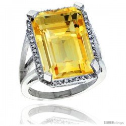 Sterling Silver Diamond Natural Citrine Ring 14.96 ct Emerald Shape 18x13 mm Stone, 13/16 in wide