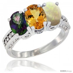 14K White Gold Natural Mystic Topaz, Citrine & Opal Ring 3-Stone 7x5 mm Oval Diamond Accent