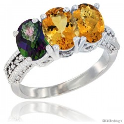 14K White Gold Natural Mystic Topaz, Citrine & Whisky Quartz Ring 3-Stone 7x5 mm Oval Diamond Accent