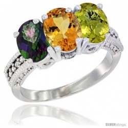 14K White Gold Natural Mystic Topaz, Citrine & Lemon Quartz Ring 3-Stone 7x5 mm Oval Diamond Accent