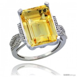 Sterling Silver Diamond Natural Citrine Ring 12 ct Emerald Shape 16x12 Stone 3/4 in wide