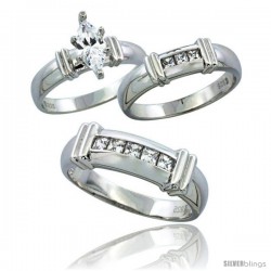 Sterling Silver Cubic Zirconia Trio Engagement Wedding Ring Set for Him & Her 6.5 mm Channel Set Princess, L 5 - 10 & M 8 - 14