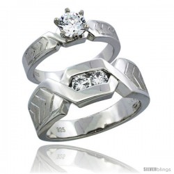 Sterling Silver Cubic Zirconia Engagement Rings Set for Him & Her Chevron Pattern Channel Set 7.5mm Man's Wedding Band )