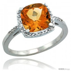 Sterling Silver Diamond Natural Citrine Ring 2.08 ct Cushion cut 8 mm Stone 1/2 in wide