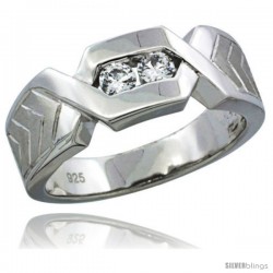 Sterling Silver Cubic Zirconia Mens Wedding Band Ring Chevron Pattern Channel Set, 9/32 in wide