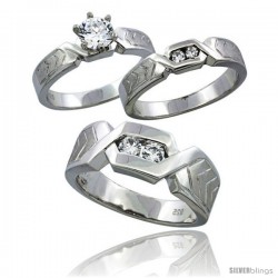 Sterling Silver Cubic Zirconia Trio Engagement Wedding Ring Set for Him & Her 7.5 mm Chevron Pattern Channel Set, L 5 - 10 & M