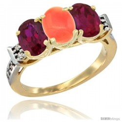 10K Yellow Gold Natural Coral & Ruby Sides Ring 3-Stone Oval 7x5 mm Diamond Accent