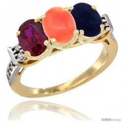 10K Yellow Gold Natural Ruby, Coral & Lapis Ring 3-Stone Oval 7x5 mm Diamond Accent