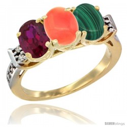 10K Yellow Gold Natural Ruby, Coral & Malachite Ring 3-Stone Oval 7x5 mm Diamond Accent