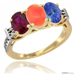 10K Yellow Gold Natural Ruby, Coral & Tanzanite Ring 3-Stone Oval 7x5 mm Diamond Accent