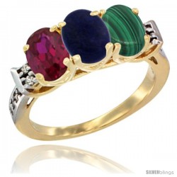 10K Yellow Gold Natural Ruby, Lapis & Malachite Ring 3-Stone Oval 7x5 mm Diamond Accent