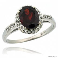 10k White Gold Diamond Garnet Ring Oval Stone 8x6 mm 1.17 ct 3/8 in wide