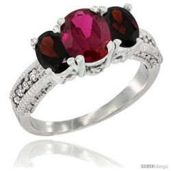 10K White Gold Ladies Oval Natural Ruby 3-Stone Ring with Garnet Sides Diamond Accent