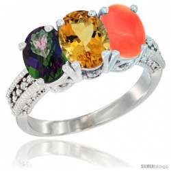 14K White Gold Natural Mystic Topaz, Citrine & Coral Ring 3-Stone 7x5 mm Oval Diamond Accent