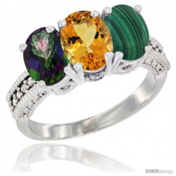 14K White Gold Natural Mystic Topaz, Citrine & Malachite Ring 3-Stone 7x5 mm Oval Diamond Accent