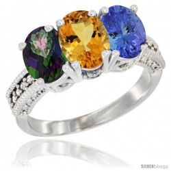 14K White Gold Natural Mystic Topaz, Citrine & Tanzanite Ring 3-Stone 7x5 mm Oval Diamond Accent