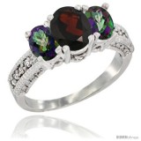 14k White Gold Ladies Oval Natural Garnet 3-Stone Ring with Mystic Topaz Sides Diamond Accent