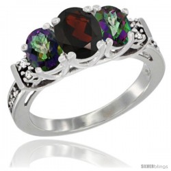 14K White Gold Natural Garnet & Mystic Topaz Ring 3-Stone Oval with Diamond Accent