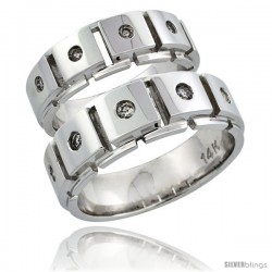 14k White Gold 2-Piece His (8mm) & Hers (7mm) Diamond Wedding Ring Band Set w/ 0.37 Carat Brilliant Cut Diamonds