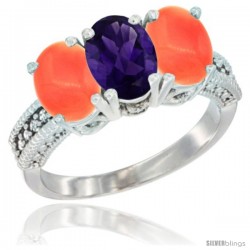 14K White Gold Natural Amethyst Ring with Coral 3-Stone 7x5 mm Oval Diamond Accent