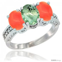 14K White Gold Natural Green Amethyst Ring with Coral 3-Stone 7x5 mm Oval Diamond Accent