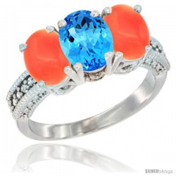 14K White Gold Natural Swiss Blue Topaz Ring with Coral 3-Stone 7x5 mm Oval Diamond Accent