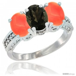 14K White Gold Natural Smoky Topaz Ring with Coral 3-Stone 7x5 mm Oval Diamond Accent