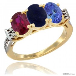 10K Yellow Gold Natural Ruby, Lapis & Tanzanite Ring 3-Stone Oval 7x5 mm Diamond Accent