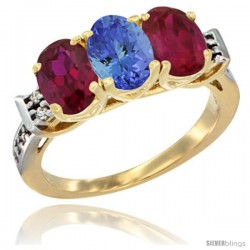 10K Yellow Gold Natural Tanzanite & Ruby Sides Ring 3-Stone Oval 7x5 mm Diamond Accent