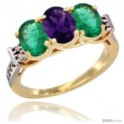 10K Yellow Gold Natural Amethyst & Emerald Sides Ring 3-Stone Oval 7x5 mm Diamond Accent