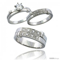 Sterling Silver Cubic Zirconia Trio Engagement Wedding Ring Set for Him & Her 7 mm, L 5 - 10 & M 8 - 14