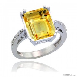 Sterling Silver Diamond Natural Citrine Ring 5.83 ct Emerald Shape 12x10 Stone 1/2 in wide