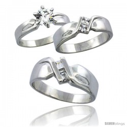 Sterling Silver Cubic Zirconia Trio Engagement Wedding Ring Set for Him & Her 6 mm, L 5 - 10 & M 8 - 14