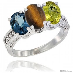 10K White Gold Natural London Blue Topaz, Tiger Eye & Lemon Quartz Ring 3-Stone Oval 7x5 mm Diamond Accent