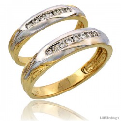 14k Gold 2-Piece His (5mm) & Hers (3.5mm) Diamond Wedding Band Set w/ Rhodium Accent, w/ 0.28 Carat Brilliant Cut Diamonds