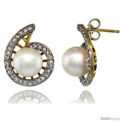 14k Gold Swirl Pearl Earrings w/ 0.33 Carat Brilliant Cut ( H-I Color VS2-SI1 Clarity ) Diamonds & 7mm White Pearls