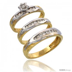 14k Gold 3-Piece Trio His (5mm) & Hers (3.5mm) Diamond Wedding Band Set w/ Rhodium Accent, w/ 0.45 Carat Brilliant Cut Diamonds