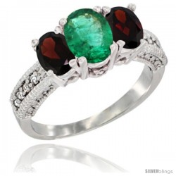 10K White Gold Ladies Oval Natural Emerald 3-Stone Ring with Garnet Sides Diamond Accent